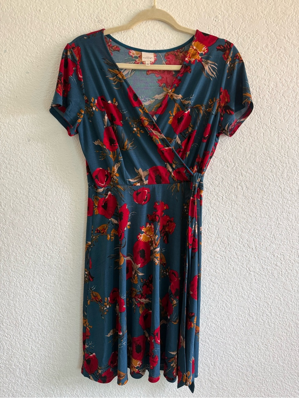 Kaileigh Teal Midi Wrap Dress with Red Floral Print